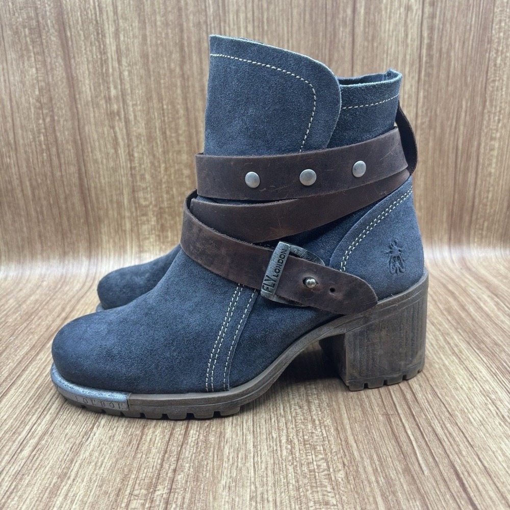 Fly London Lok Suede Ankle Boots Blue Women Size 37 Buckle Strap Block Heel Moto - Picture 3 of 10
